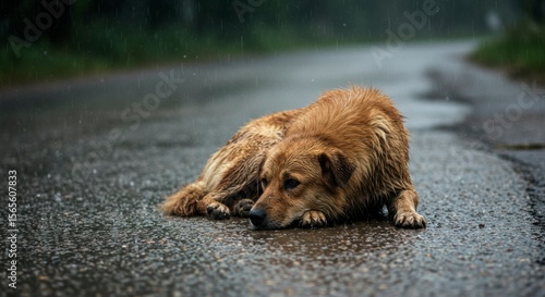 A wet, lonely dog rests on a rain-soaked road, its fur plastered down by the downpour