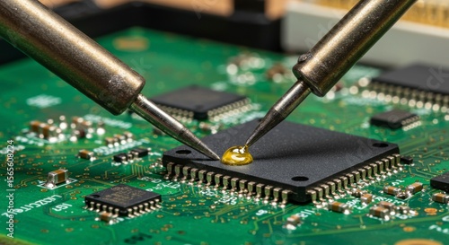Close-up of electronic circuit board repair with soldering irons