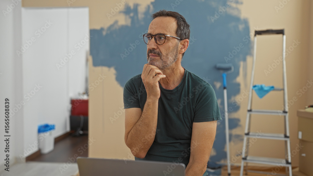Fototapeta premium Man in glasses sitting in living room of new home thinking during renovation with paint roller and ladder visible in background.
