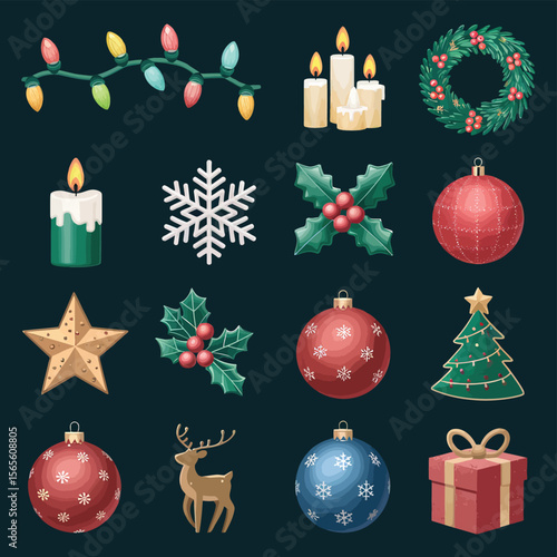 vector Happy New Year Celebrating 2025 in Latin letters , Christmas Decoration Items Santa Claus

