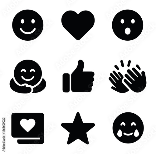 Gift Emotions Icons. Solid, filled icons set of gift emotions and reactions: smiley face, heart, surprised