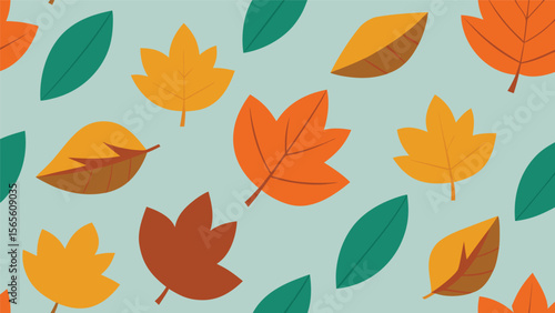 colorful autumn leaves seamless pattern on a soft blue-green background