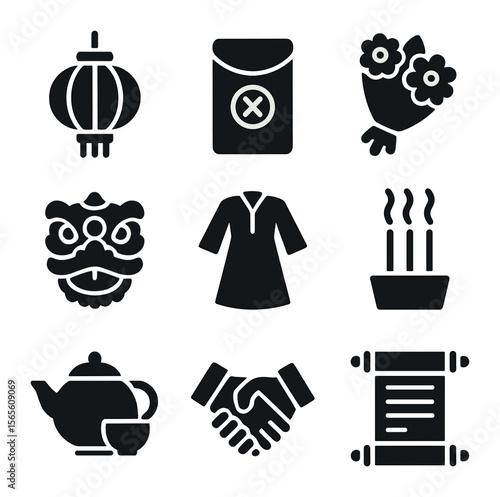 Cultural Gift Icon Set. Solid, filled icons set of cultural gift traditions: lantern, red envelope, flower