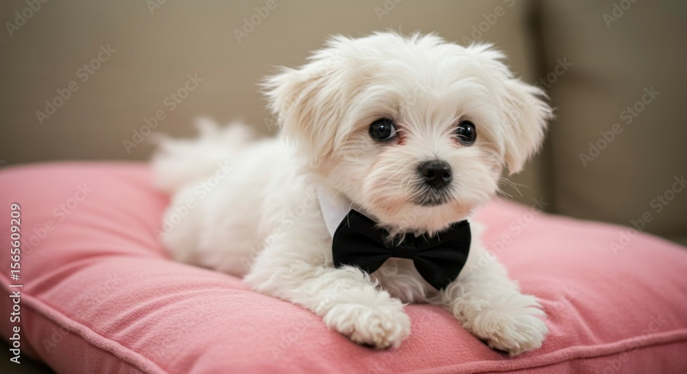 Adorable white puppy wearing a bowtie, resting on a pink cushion Adorable white puppy wearing a bowtie, resting on a pink cushion