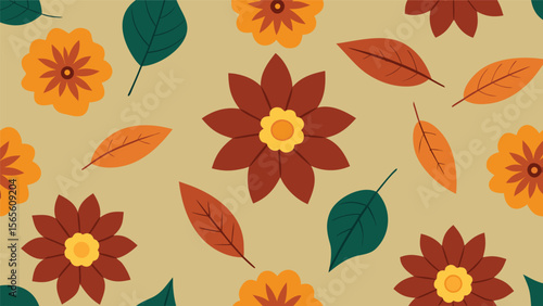 warm autumn floral seamless pattern with colorful flowers and leaves on a beige background