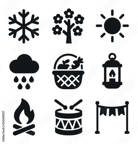 Seasonal Celebration Icons. Solid, filled icons set of seasonal celebrations: snowflake, blooming tree, summer