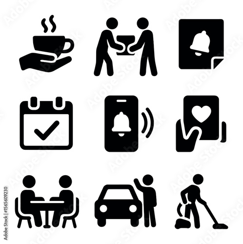 Daily Support Icons. Solid, filled icons set of daily support actions: coffee offer, helping carry, note