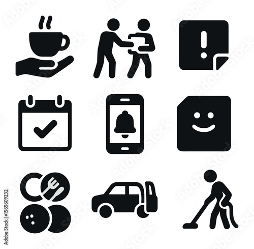 Daily Support Icons. Solid, filled icons set of daily support actions: coffee offer, helping carry, note