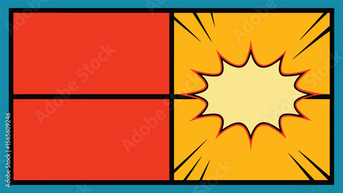 vibrant comic book blank template with red and yellow panels and an explosion speech bubble perfect for pop art and marketing