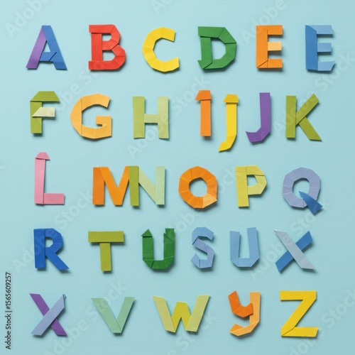 Colorful origami alphabet letters arranged in rows and columns on a light blue background