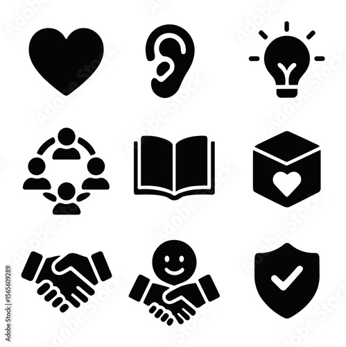 Empathy Icon Grid. Solid, filled icons set of collaboration and empathy: heart symbol, listening ear, open