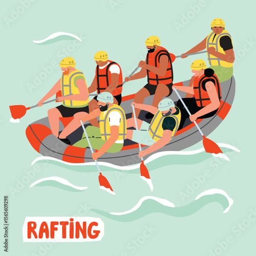 Rafting down the river. Vector cartoon illustration of characters sitting in a rubber boat and rowing through the water.Man and woman in vests and helmets. Active recreation and adventure concept.