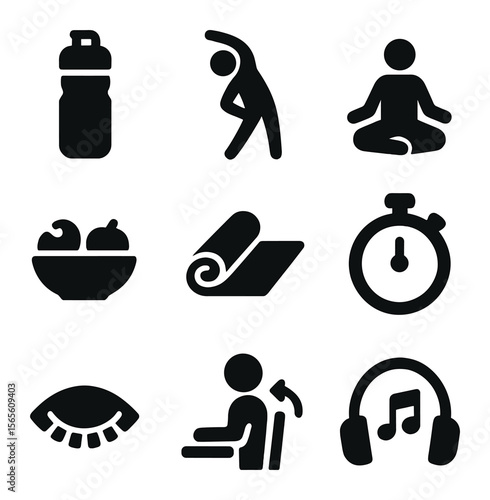 Wellness Icon Set. Solid, filled icons set of breaks and wellness: water bottle, stretching figure, meditation