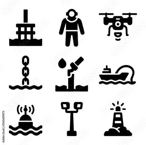 Marine Engineering Icons. Solid, filled icons set of marine engineering: underwater foundation, diving suit,