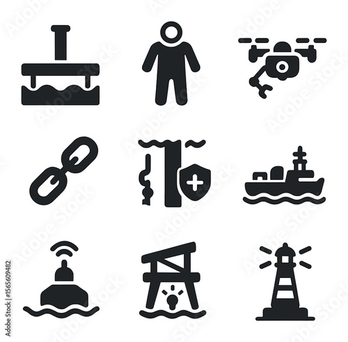 Marine Engineering Icons. Solid, filled icons set of marine engineering: underwater foundation, diving suit,