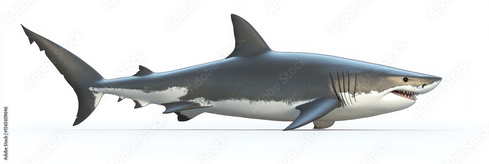 Fototapeta premium Large Great White Shark 3D Illustration in Side View, Capturing the Power of an Ocean Predator