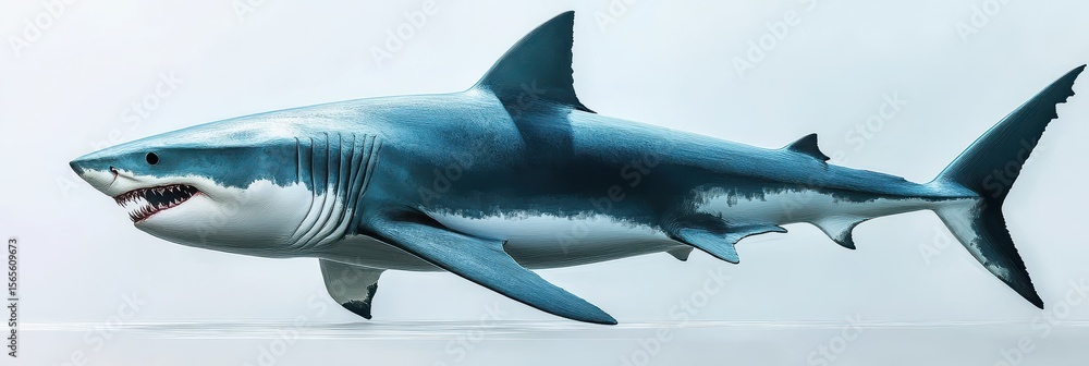 Fototapeta premium Majestic Great White Shark in 3D: Side View of a Powerful Marine Predator Ready to Strike