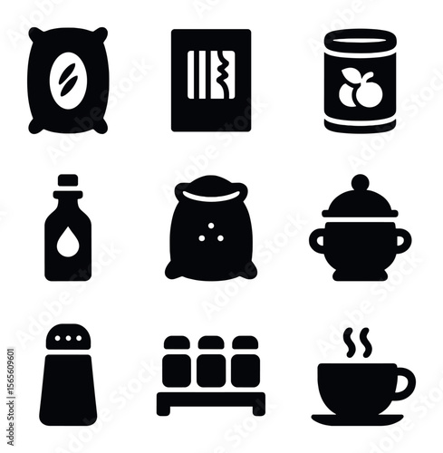 Kitchen Pantry Icons. Solid, filled icons set of kitchen pantry staples: rice bag, pasta box, canned goods,