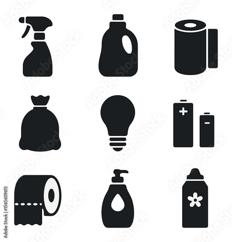 Household Shopping Icons. Solid, filled icons set of household shopping list: cleaning spray, detergent bottle