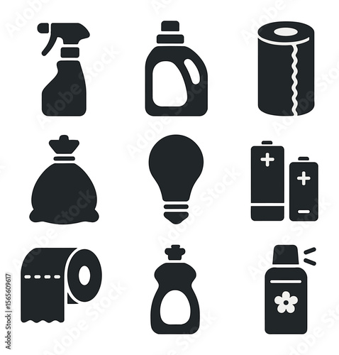 Household Shopping Icons. Solid, filled icons set of household shopping list: cleaning spray, detergent bottle