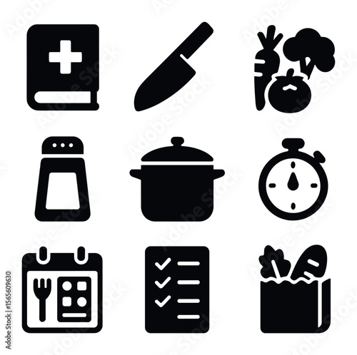 Meal Planning Icons. Solid, filled icons set of meal planning and ingredients: recipe book, chopping knife,