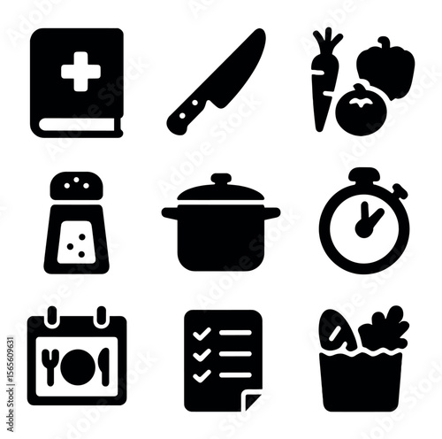 Meal Planning Icons. Solid, filled icons set of meal planning and ingredients: recipe book, chopping knife,