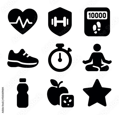 Fitness Icon Set. Solid, filled icons set of physical activity promotion: heart rate, fitness badge, step