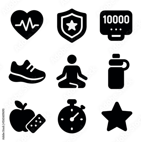 Fitness Icon Set. Solid, filled icons set of physical activity promotion: heart rate, fitness badge, step