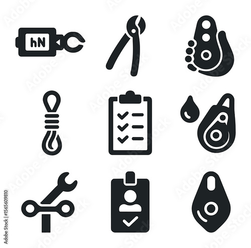Zip Line Tools Icons. Solid, filled icons set of zip line operation tools: tension meter, cable cutter, pulley