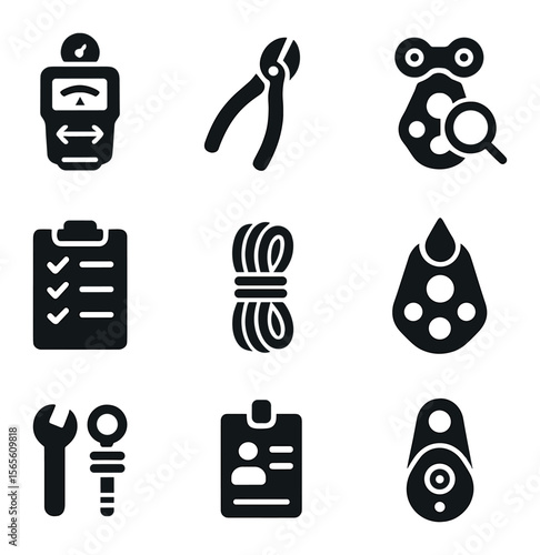 Zip Line Tools Icons. Solid, filled icons set of zip line operation tools: tension meter, cable cutter, pulley