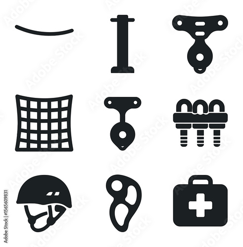 Outdoor Zipline Icons. Solid, filled icons set of outdoor zip line setup: tension cable, anchor post, pulley