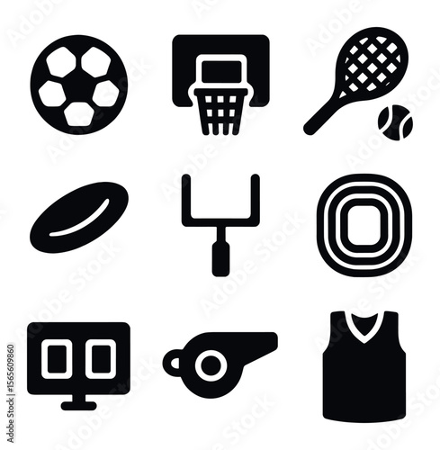 Outdoor Sports Icons. Solid, filled icons set of competitive sports outdoors: soccer ball, basketball hoop,