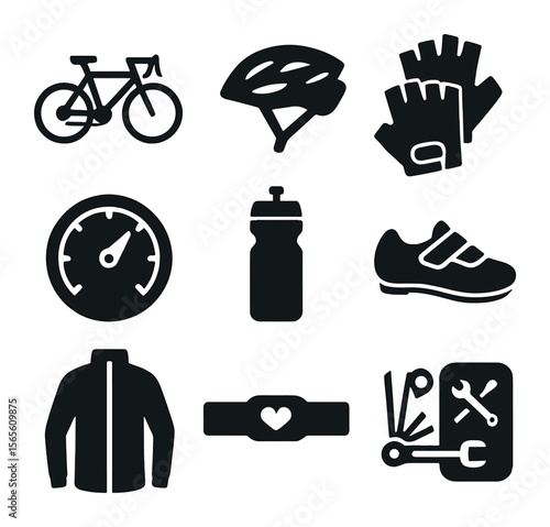 Cycling Essentials Icons. Solid, filled icons set of cycling and cardio outdoors: road bike, helmet icon,