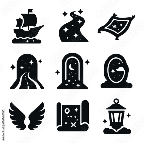 Fantastical Journey Icons. Solid, filled icons set of fantastical dream journeys: flying ships, starry roads,