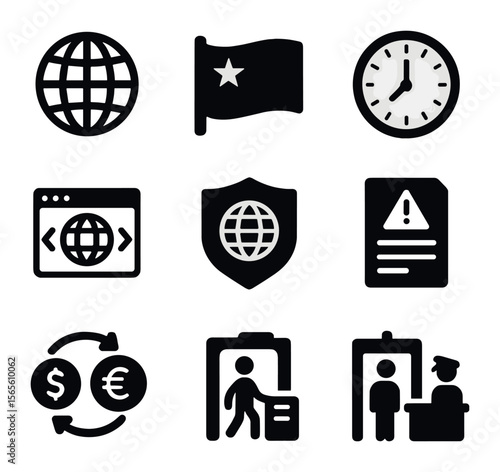 International Flight Icons. Solid, filled icons set of international flight indicators: globe icon, country
