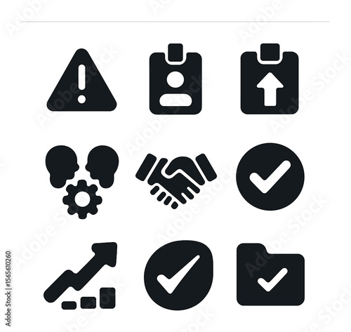 Escalation Process Icons. Solid, filled icons set of escalation and resolution processes: alert triangle,