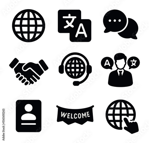 Multilingual Icons Grid. Solid, filled icons set of multilingual customer care: globe icon, translation badge,