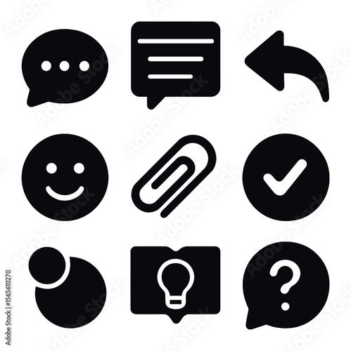 Chat Support Icons. Solid, filled icons set of live chat support tools: typing bubble, chat window, reply