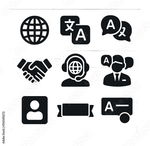 Multilingual Icons Grid. Solid, filled icons set of multilingual customer care: globe icon, translation badge,