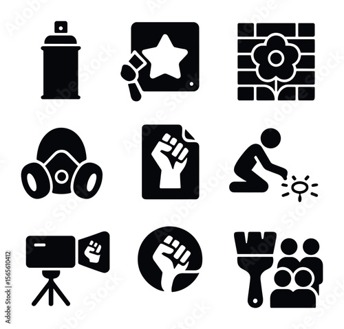 Street Art Icons. Solid, filled icons set of street art and activism: spray paint can, stencil icon, wall