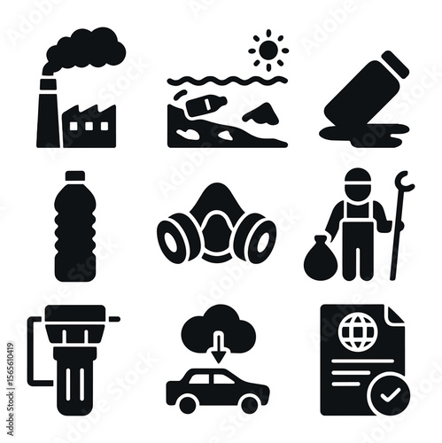 Pollution and Mitigation Icons. Solid, filled icons set of pollution and mitigation: smokestack emissions,