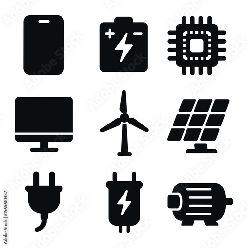 Mineral Power Icons Set. Solid, filled icons set of minerals powering electronics: smartphone icon, EV battery
