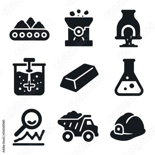 Mining Process Icons. Solid, filled icons set of mining and refining processes: conveyor belt, crusher machine