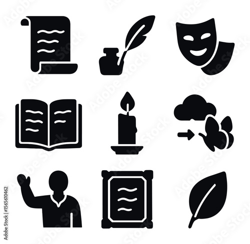 Poets and Storytellers Icons. Solid, filled icons set of great poets and storytellers: lyrical scroll, quill