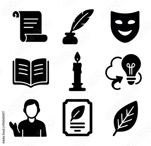 Poets and Storytellers Icons. Solid, filled icons set of great poets and storytellers: lyrical scroll, quill
