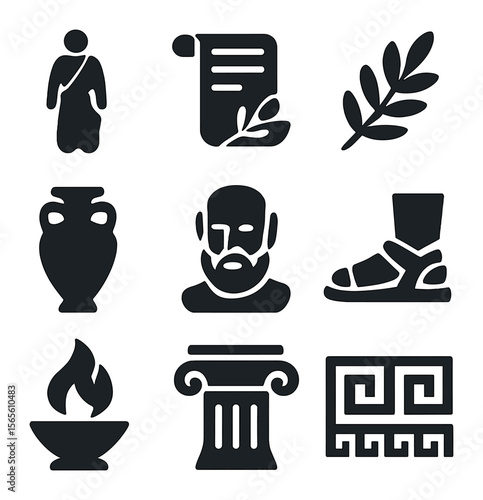Greek Philosopher Icons. Solid, filled icons set of classical Greek philosophers: toga figure, scroll icon,
