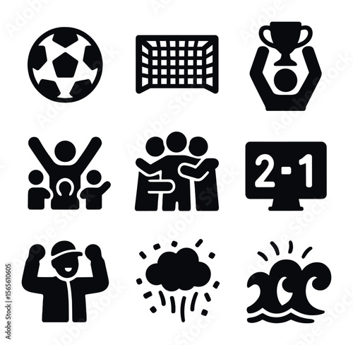 Soccer Victory Icons. Solid, filled icons set of soccer match victory: soccer ball, goal net, player lifting