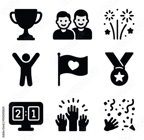 Championship Icons Set. Solid, filled icons set of championship celebration moments: gold cup, smiling