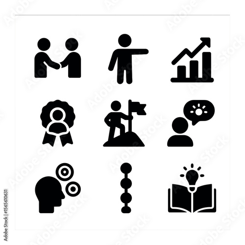Mentorship Icons Grid. Solid, filled icons set of mentorship and coaching: mentor handshake, guidance icon,