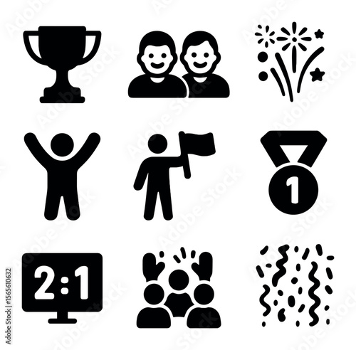Championship Icons Set. Solid, filled icons set of championship celebration moments: gold cup, smiling